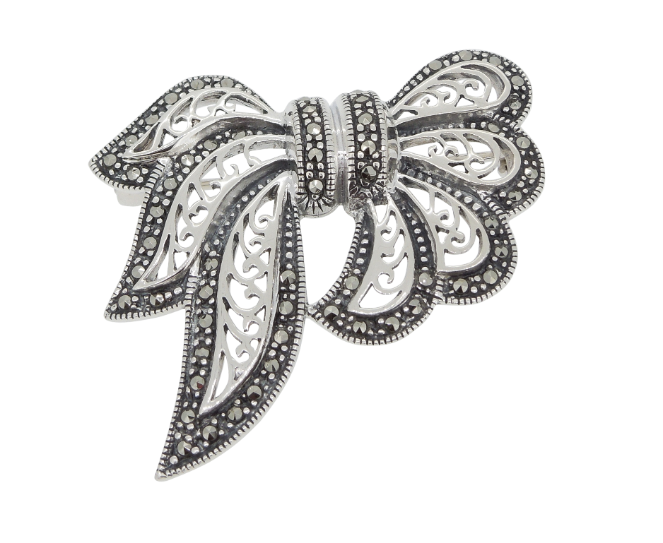 Sterling Silver Marcasite Bow Brooch - Archer & Holland